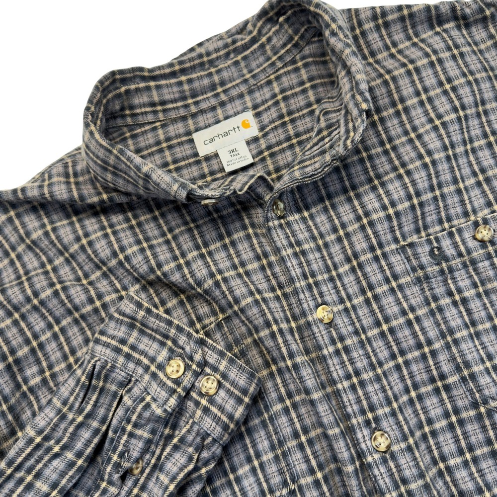 Carhartt Flannel Shirt Men 3XLT Gray Blue Cream Plaid Button Down Tall